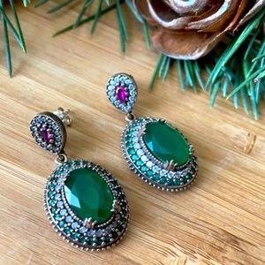 925 Sterling Silver, Emerald &Topaz drop Earrings
